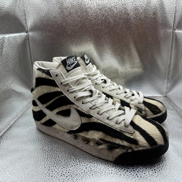 Size 8.5 Nike Blazer Womens Black White Zebra Hair Mid Top Lace-Up Sneakers - Picture 1 of 12